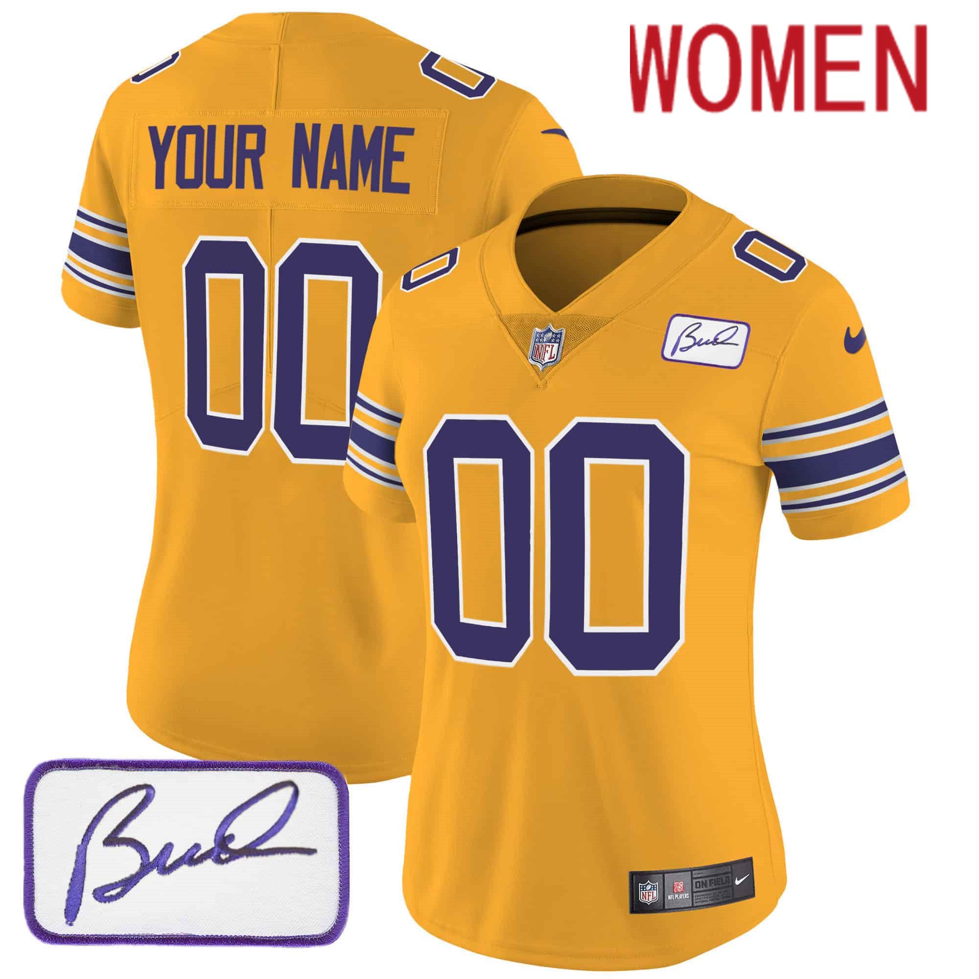 Women Minnesota Vikings Yellow 2024 Nike Bud Grant Patch Classic Limited Custom NFL Jersey->customized nfl jersey->Custom Jersey